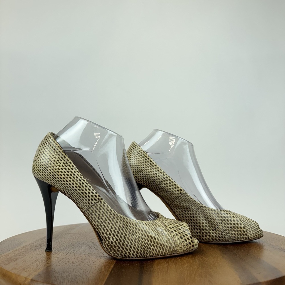 Womens Giuseppe Zanotti Design Beige Snake Leather Peep Toe Heels‎ Size EU 38.5